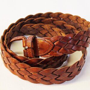 Woven Brown Leather Belt, Four Strip Braid, 40" Adjustable Fit